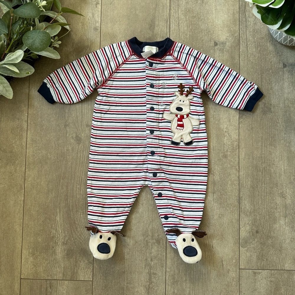 Vintage Baby Boy Outfit First Moments Layette Striped Reindeer Footies One Piece